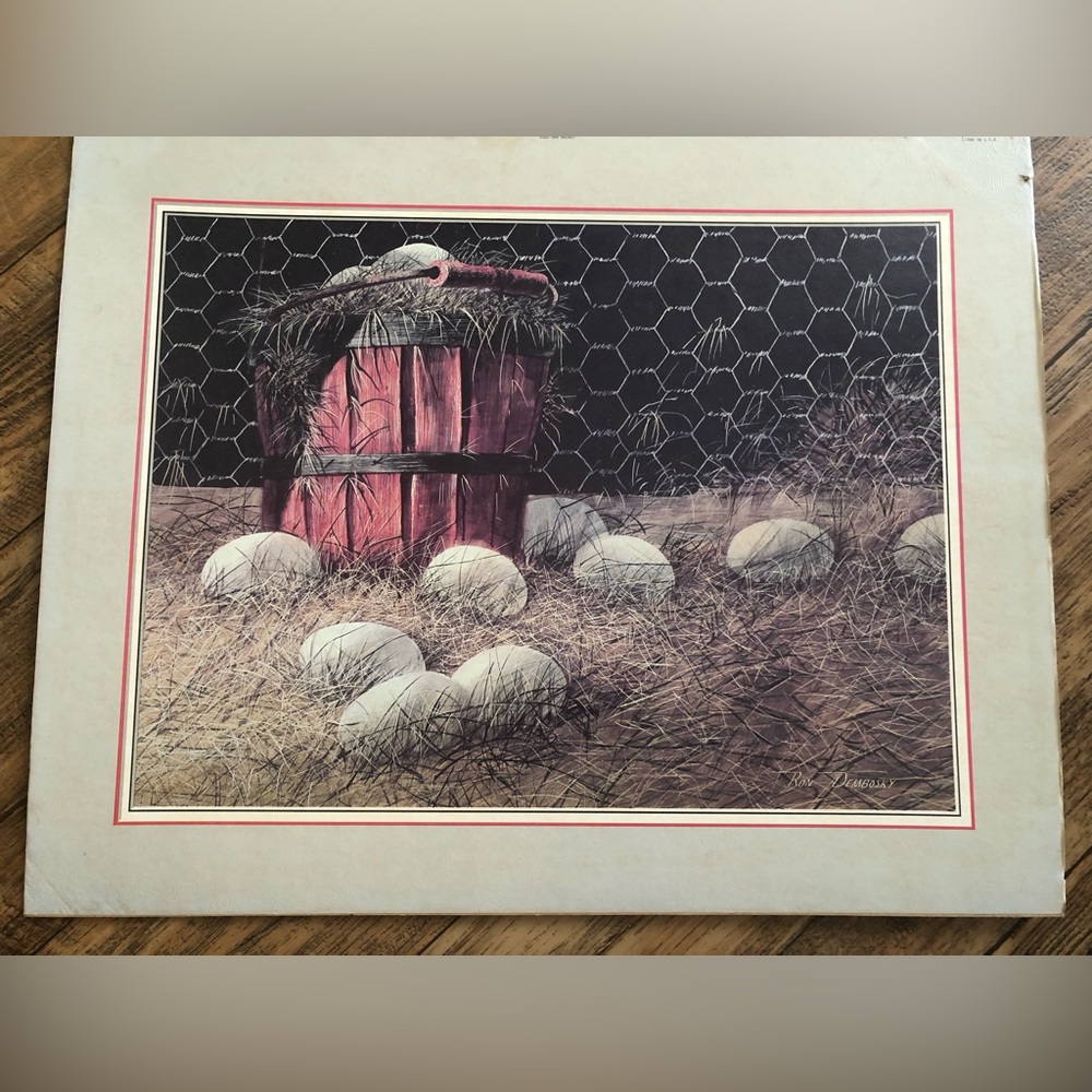 Vtg 1980 Ron Dembosky "Eggs & Basket" Farmhouse Litho 20x16” Farmhouse Barnyard